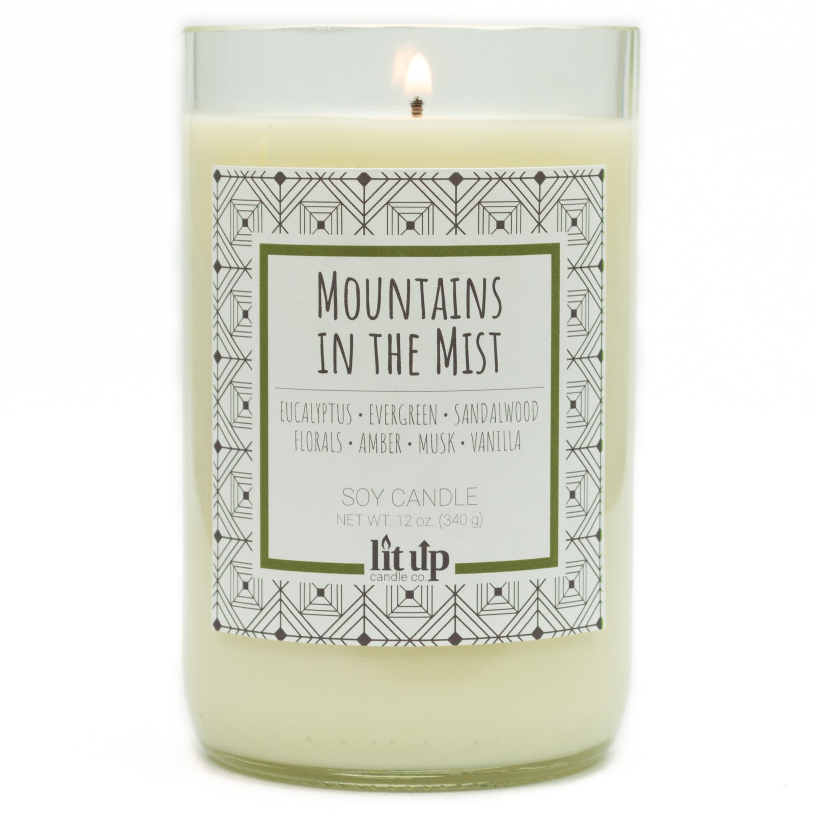 Mountains in the Mist scented soy candle in upcycled wine bottle