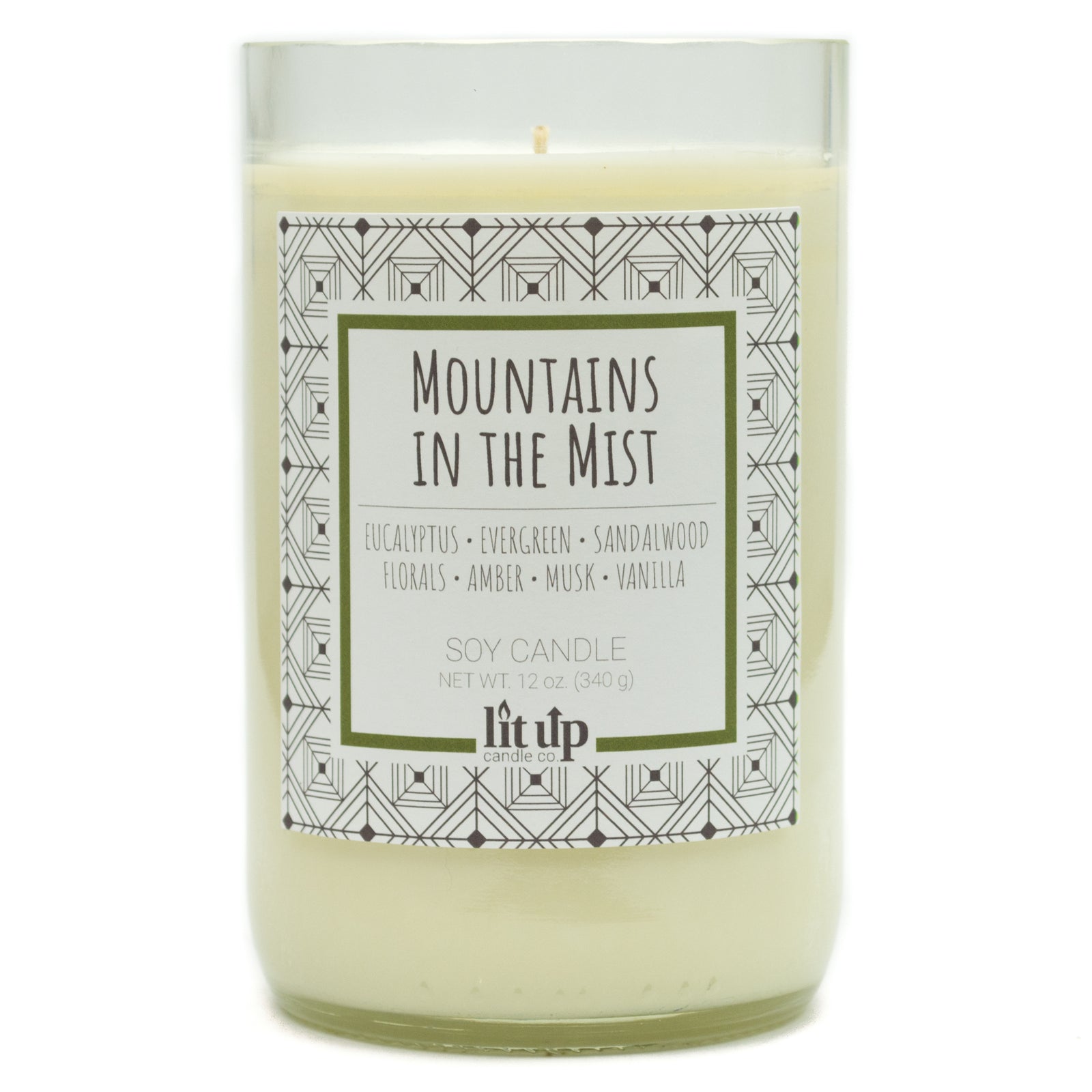 Mountains in the Mist scented 12 oz. soy candle in upcycled wine bottle - FKA Earthen Oak