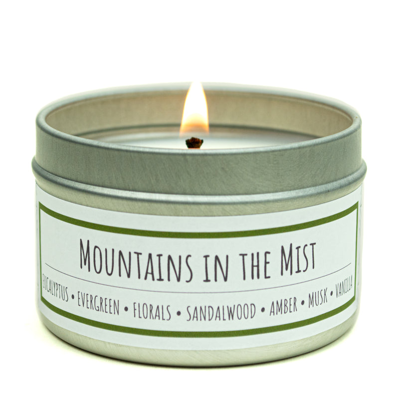 Mountains in the Mist scented 3 oz. soy candle in travel tin - FKA Earthen Oak
