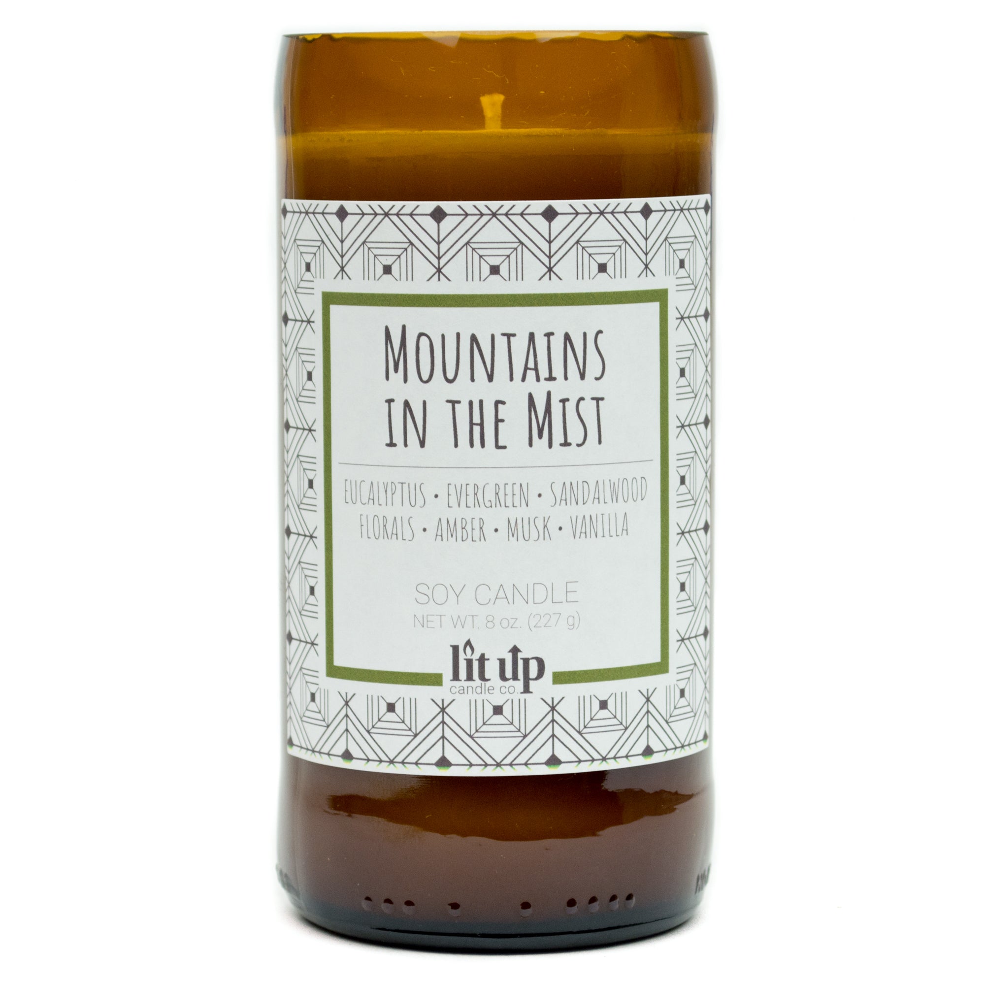 Mountains in the Mist scented 8 oz. soy candle in upcycled beer bottle - FKA Earthen Oak
