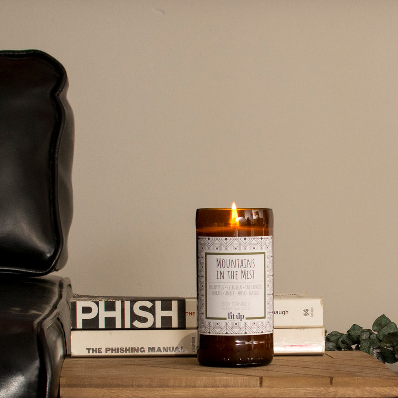 Mountains in the Mist 8 oz. soy candle in upcycled beer bottle | Eucalyptus, Sandalwood, Vanilla