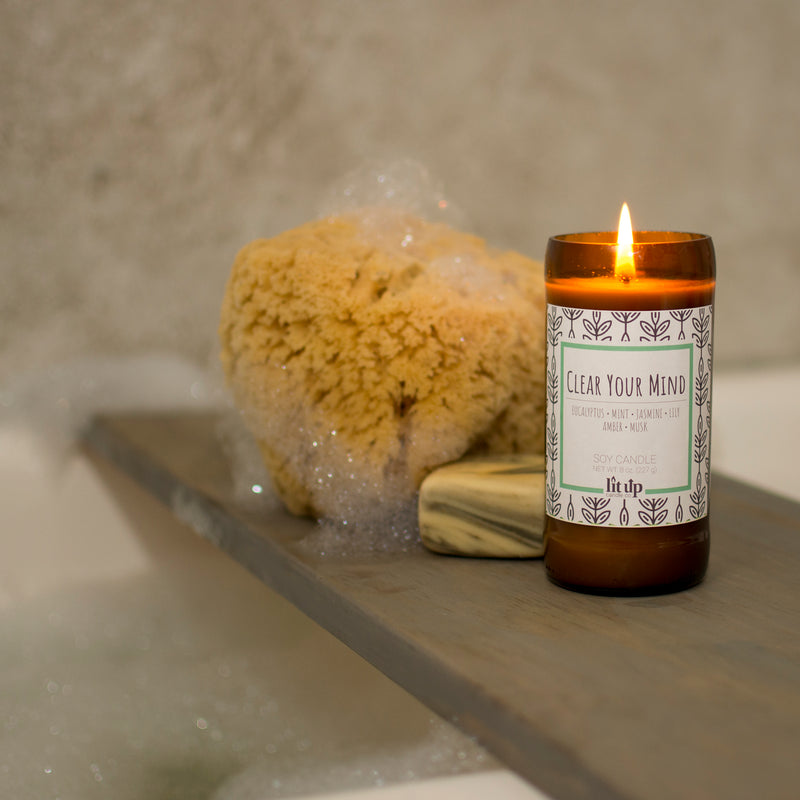 Clear Your Mind 8 oz. soy candle in upcycled beer bottle | Eucalyptus, Jasmine, Mint
