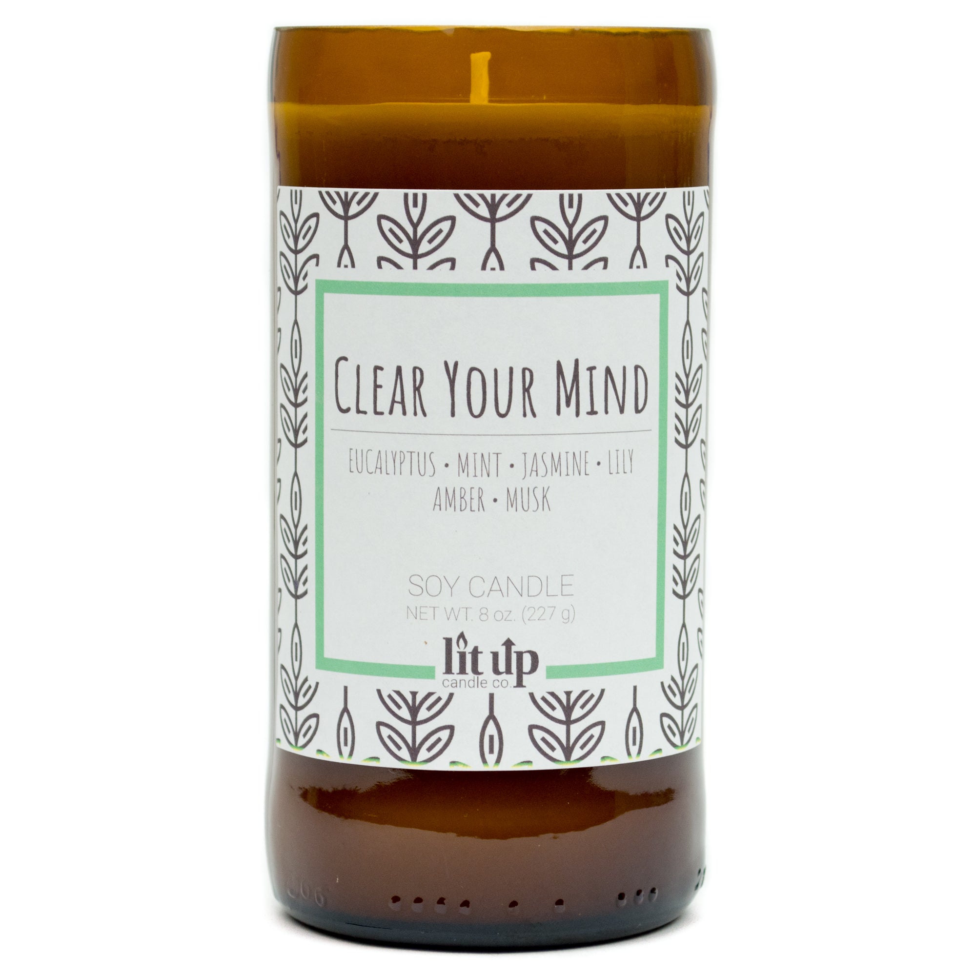 Clear Your Mind scented 8 oz. soy candle in upcycled beer bottle - FKA Eucalyptus Spearmint