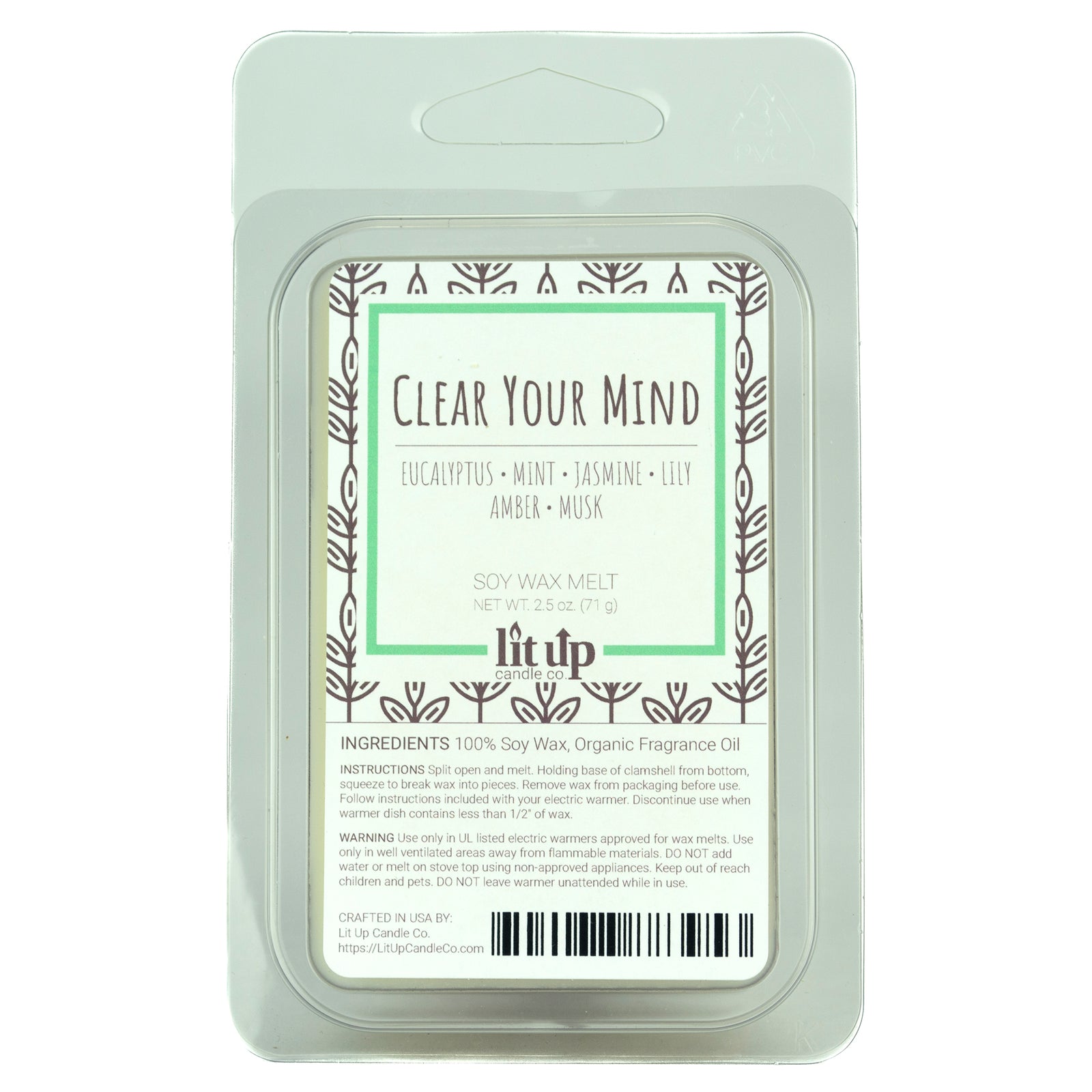 Clear Your Mind scented 2.5 oz. soy wax melt - FKA Eucalyptus Spearmint