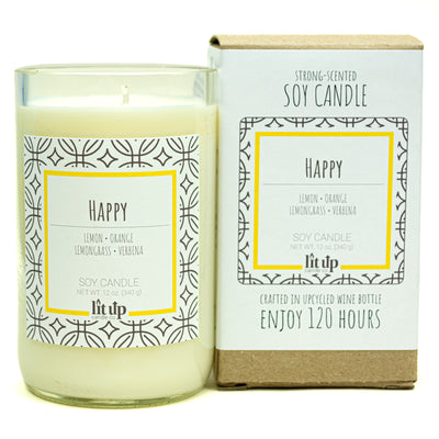Happy scented 12 oz. soy candle in upcycled wine bottle - FKA Lemon Verbena
