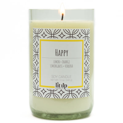 Happy scented 12 oz. soy candle in upcycled wine bottle - FKA Lemon Verbena