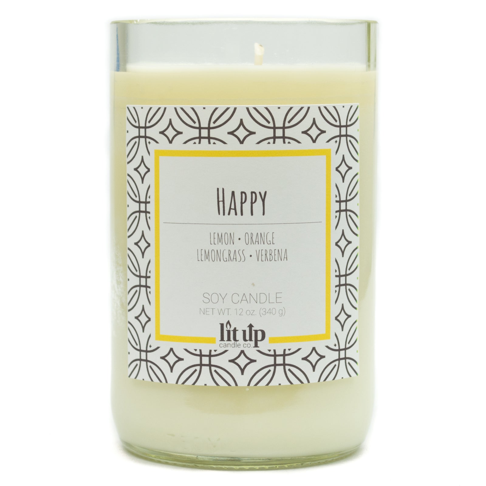 Happy scented 12 oz. soy candle in upcycled wine bottle - FKA Lemon Verbena