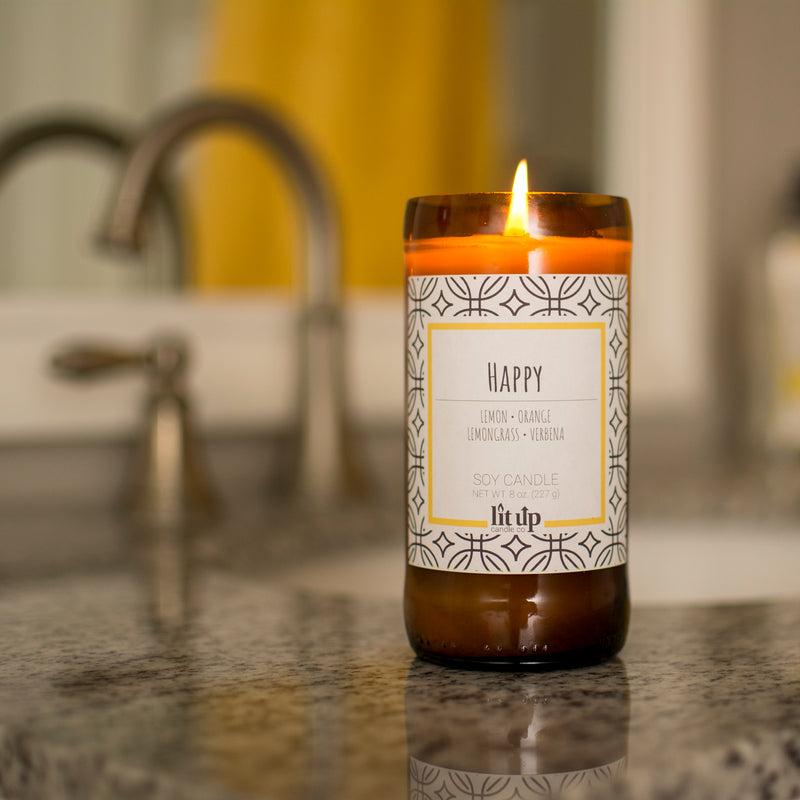 Happy scented 8 oz. soy candle in upcycled beer bottle | Lemon, Lemongrass, Verbena
