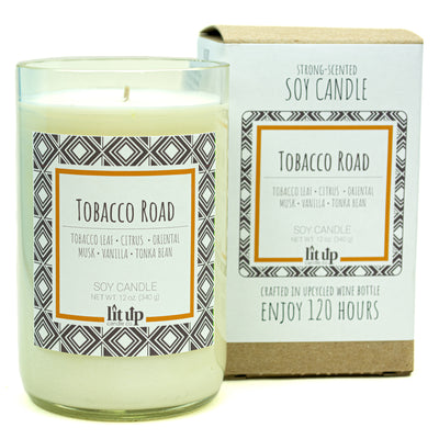 Tobacco Road scented 12 oz. soy candle in upcycled wine bottle - FKA Tobacco Caramel
