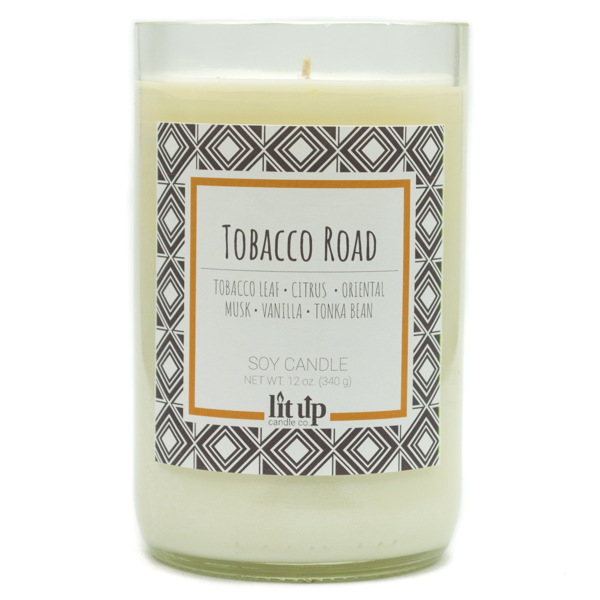 Tobacco Road scented 12 oz. soy candle in upcycled wine bottle - FKA Tobacco Caramel