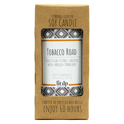Tobacco Road scented 8 oz. soy candle in upcycled beer bottle - FKA Tobacco Caramel