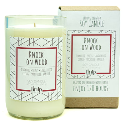 Knock on Wood scented 12 oz. soy candle in upcycled wine bottle - FKA Teakwood & Cardamom