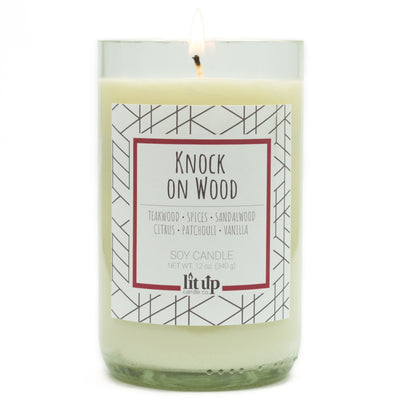 Knock on Wood scented 12 oz. soy candle in upcycled wine bottle - FKA Teakwood & Cardamom