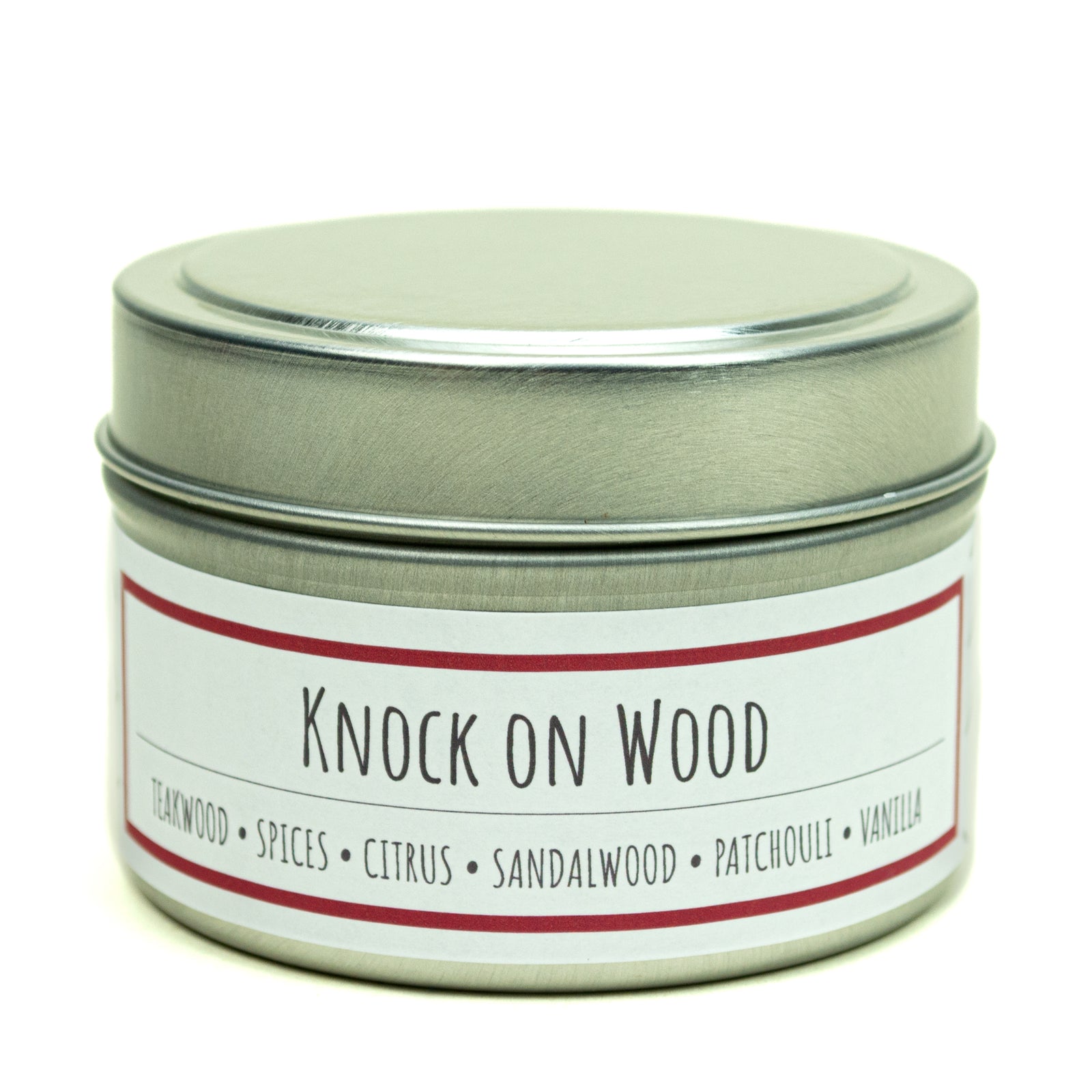 Knock on Wood scented 3 oz. soy candle in travel tin - FKA Teakwood & Cardamom