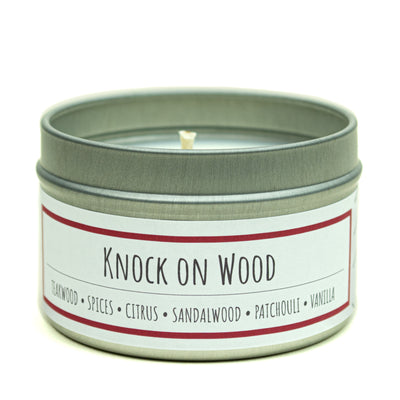Knock on Wood scented 3 oz. soy candle in travel tin - FKA Teakwood & Cardamom