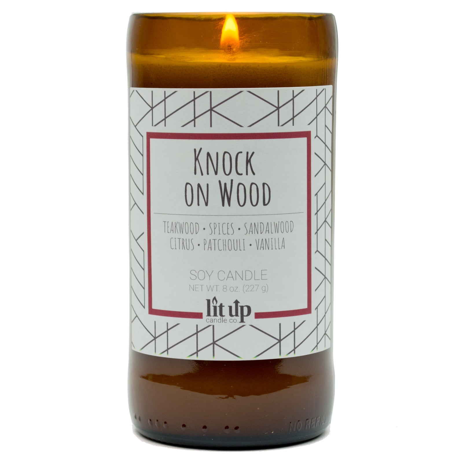 Knock on Wood scented soy candle in upcycled beer bottle