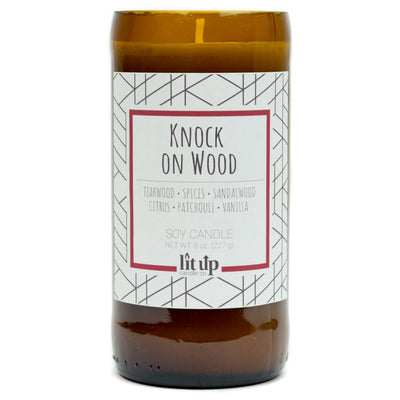 Knock on Wood scented 8 oz. soy candle in upcycled beer bottle - FKA Teakwood & Cardamom