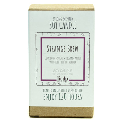 Strange Brew scented 12 oz. soy candle in upcycled wine bottle