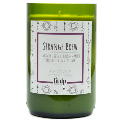 Strange Brew scented 12 oz. soy candle in upcycled wine bottle